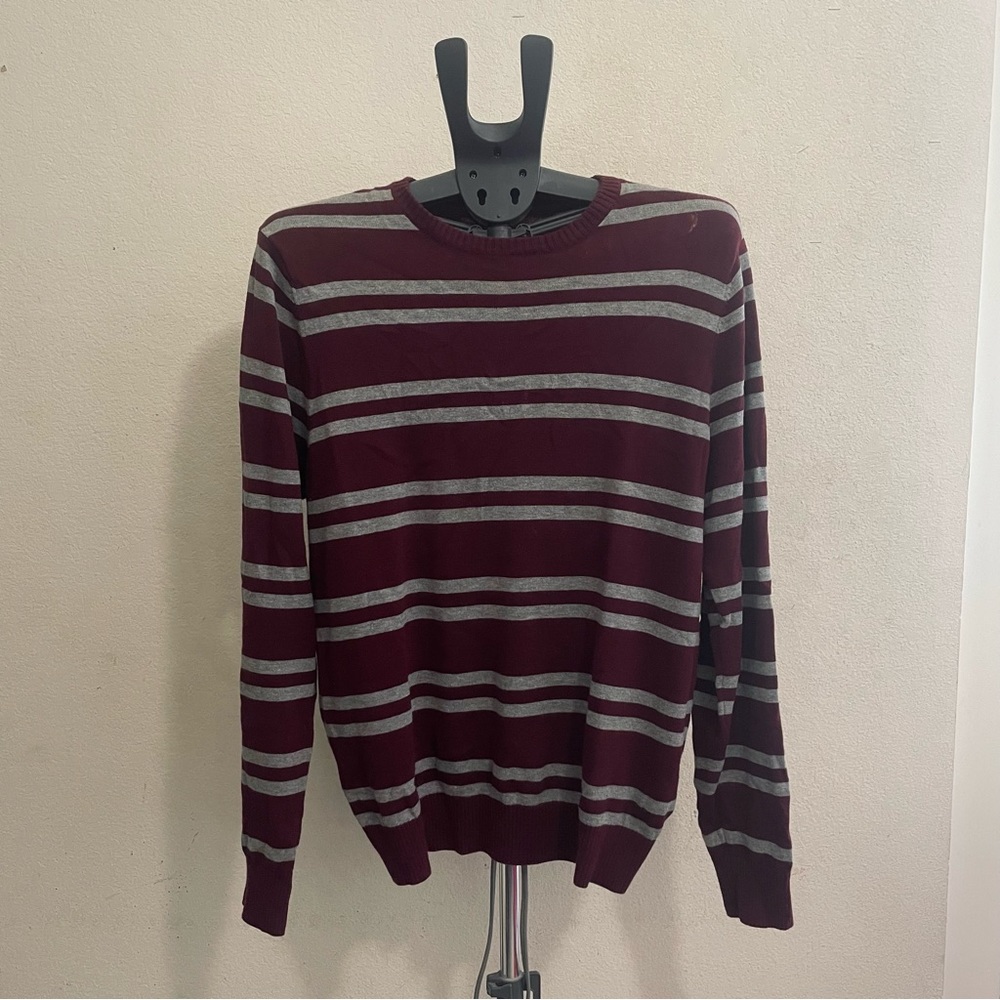 Burgundy Combed Cotton Striped Crew-Neck Sweater